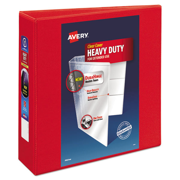 Avery® Heavy-Duty View Binder with DuraHinge and Locking One Touch EZD Rings, 3 Rings, 3" Capacity, 11 x 8.5, Red (AVE79325)