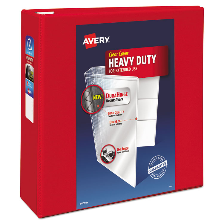 Avery® Heavy-Duty View Binder with DuraHinge and Locking One Touch EZD Rings, 3 Rings, 4" Capacity, 11 x 8.5, Red (AVE79326)