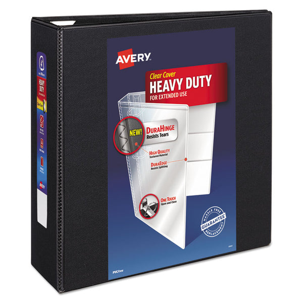 Avery® Heavy-Duty View Binder with DuraHinge and Locking One Touch EZD Rings, 3 Rings, 4" Capacity, 11 x 8.5, Black (AVE79604)