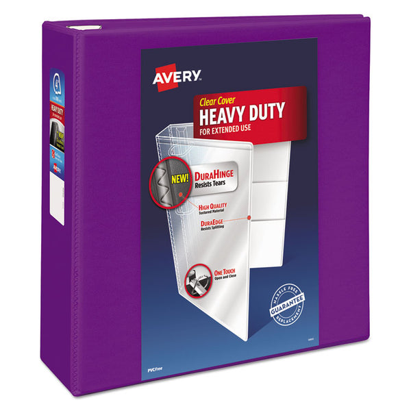 Avery® Heavy-Duty View Binder with DuraHinge and Locking One Touch EZD Rings, 3 Rings, 4" Capacity, 11 x 8.5, Purple (AVE79813)
