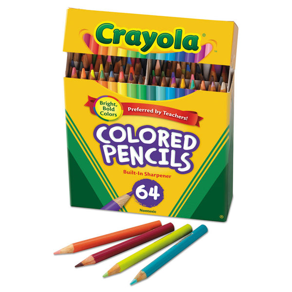 Crayola® Short Colored Pencils Hinged Top Box with Built-in Pencil Sharpener, 3.3 mm, 2B, Assorted Lead and Barrel Colors, 64/Pack (CYO683364)