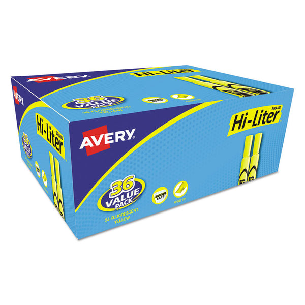 Avery® HI-LITER Desk-Style Highlighter Value Pack, Fluorescent Yellow Ink, Chisel Tip, Yellow/Black Barrel, 36/Box (AVE98208)