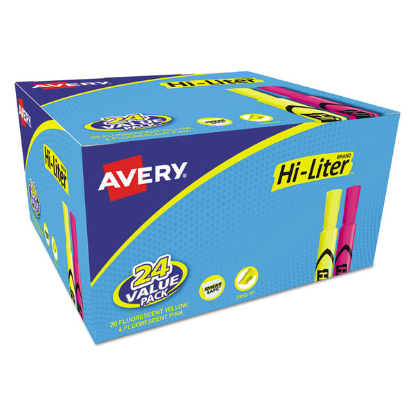 Avery® HI-LITER Desk-Style Highlighter Value Pack, Assorted Ink Colors, Chisel Tip, Assorted Barrel Colors, 24/Pack (AVE98189)