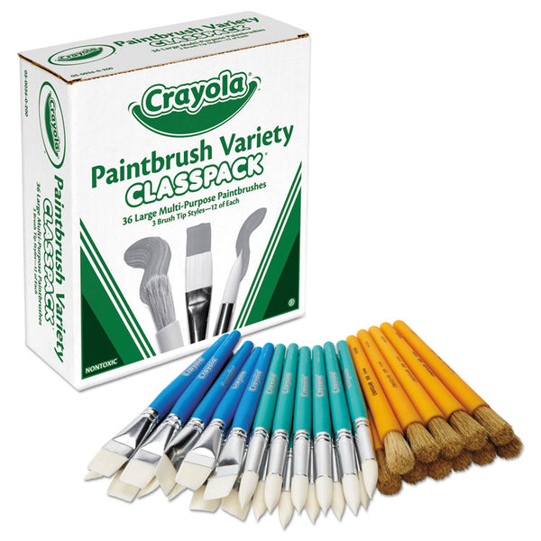 Crayola® Large Variety Paint Brush Classpack, Natural; Nylon Bristles, Flat; Round Profiles, 36/Set (CYO050036) Box of 36