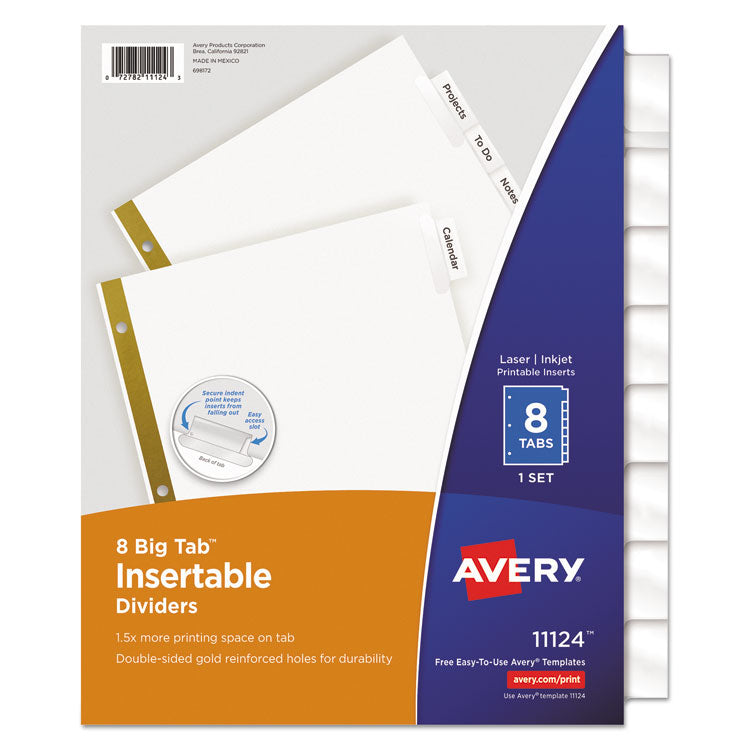 Avery® Insertable Big Tab Dividers, 8-Tab, Double-Sided Gold Edge Reinforcing, 11 x 8.5, White, Clear Tabs, 1 Set (AVE11124)