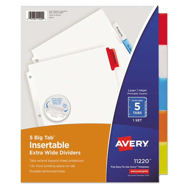 Avery® Insertable Big Tab Dividers, 5-Tab, Single-Sided Copper Edge Reinforcing, 11.13 x 9.25, White, Assorted Tabs, 1 Set (AVE11220)