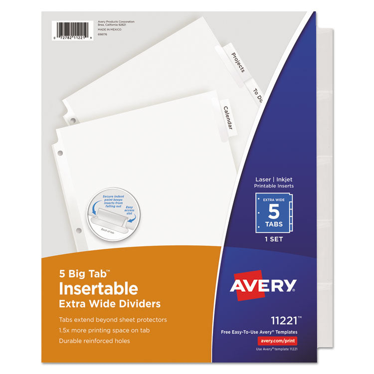 Avery® Insertable Big Tab Dividers, 5-Tab, Single-Sided Copper Edge Reinforcing, 11.13 x 9.25, White, Clear Tabs, 1 Set (AVE11221)