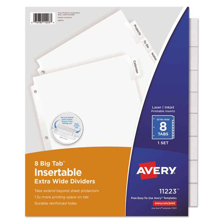 Avery® Insertable Big Tab Dividers, 8-Tab, 11.13 x 9.25, White, Clear Tabs, 1 Set (AVE11223)