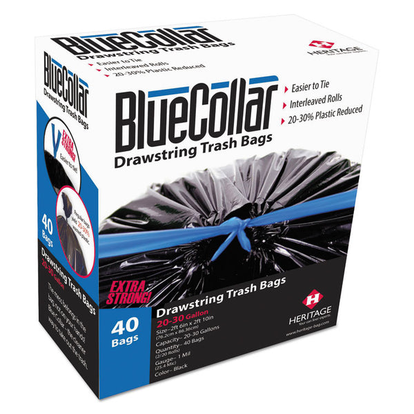 BlueCollar Drawstring Trash Bags, 30 gal, 1 mil, 30" x 34", Black, 40 Bags/Box, 6 Boxes/Carton (HERN6034YKRC1CT) Case of 240