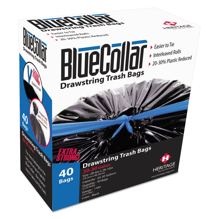 BlueCollar Drawstring Trash Bags, 30 gal, 1 mil, 30" x 34", Black, 40 Bags/Box, 6 Boxes/Carton (HERN6034YKRC1CT) Case of 240