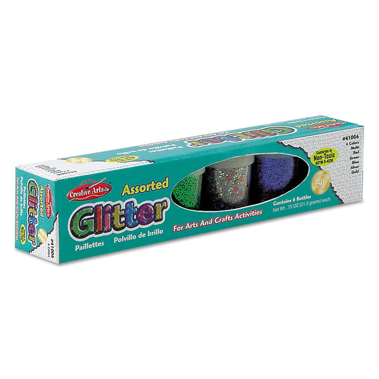 Creative Arts® Charles Leonard Glitter Set, Assorted, 0.75 oz Shaker-Top Jar, 6/Set (LEO41006) Pack of 6