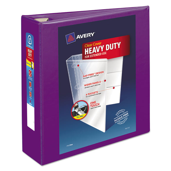 Avery® Heavy-Duty View Binder with DuraHinge and Locking One Touch EZD Rings, 3 Rings, 3" Capacity, 11 x 8.5, Purple (AVE79810)