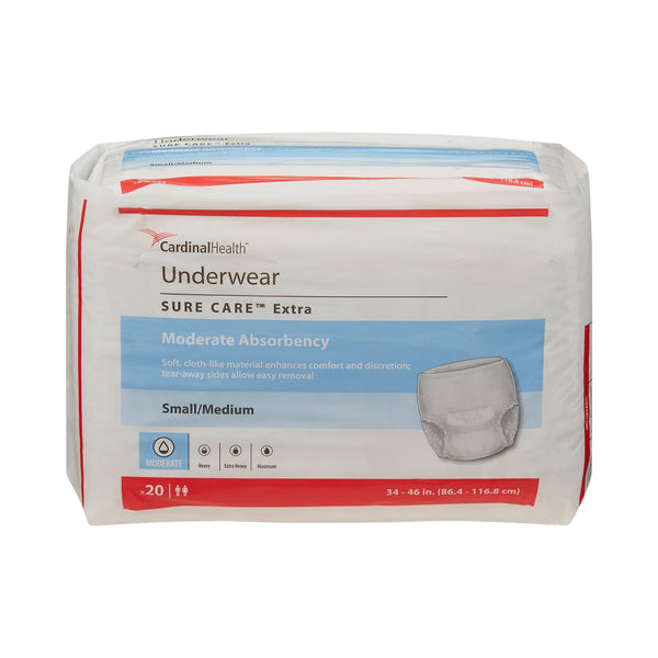 Sure Care™ Extra Unisex Adult Absorbent Underwear Pull On with Tear Away Seams Small / Medium Disposable Moderate Absorbency (814878_CS) 80/CS