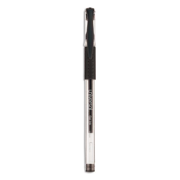 Universal™ Comfort Grip Gel Pen, Stick, Medium 0.7 mm, Black Ink, Clear/Black Barrel, 60/Pack (UNV39513)