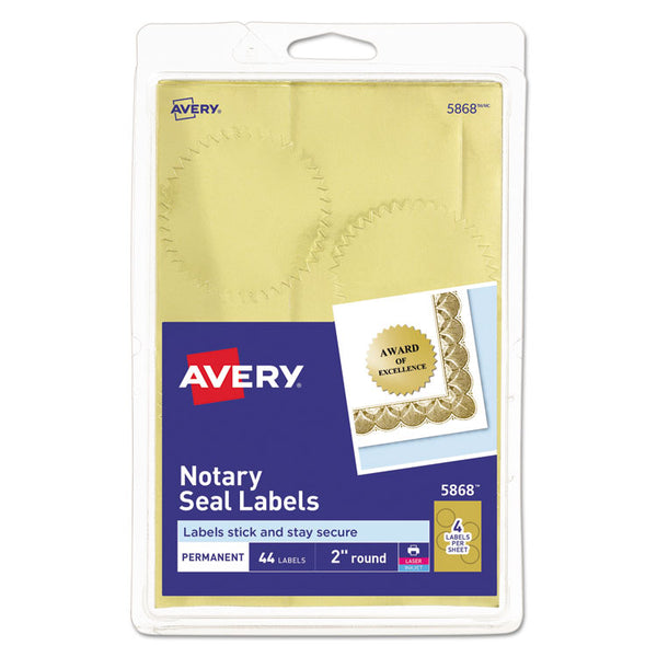 Avery® Printable Gold Foil Seals, 2" dia, Gold, 4/Sheet, 11 Sheets/Pack, (5868) (AVE05868)