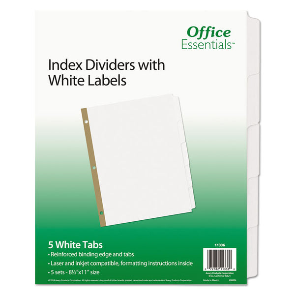 Office Essentials™ Index Dividers with White Labels, 5-Tab, 11 x 8.5, White, 5 Sets (AVE11336)