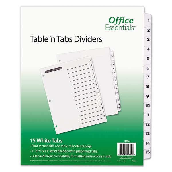 Office Essentials™ Table 'n Tabs Dividers, 15-Tab, 1 to 15, 11 x 8.5, White, White Tabs, 1 Set (AVE11674)