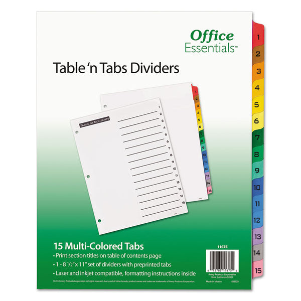 Office Essentials™ Table 'n Tabs Dividers, 15-Tab, 1 to 15, 11 x 8.5, White, Assorted Tabs, 1 Set (AVE11675)