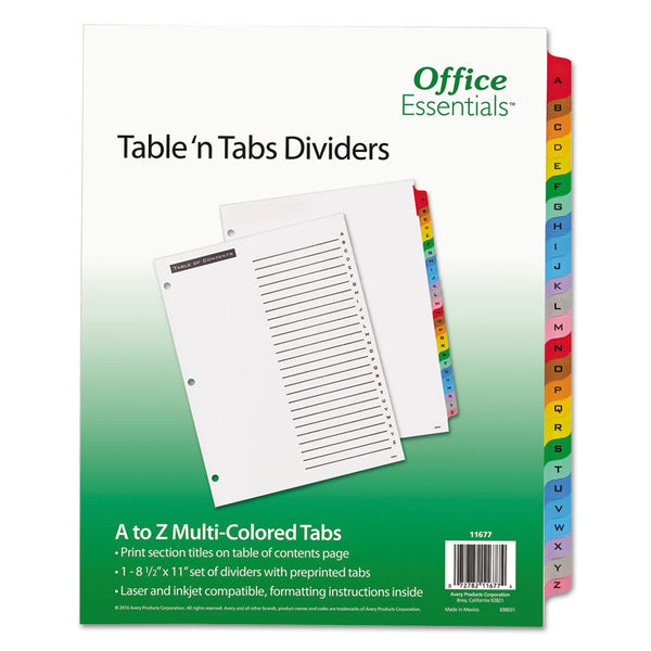 Office Essentials™ Table 'n Tabs Dividers, 26-Tab, A to Z, 11 x 8.5, White, Assorted Tabs, 1 Set (AVE11677)