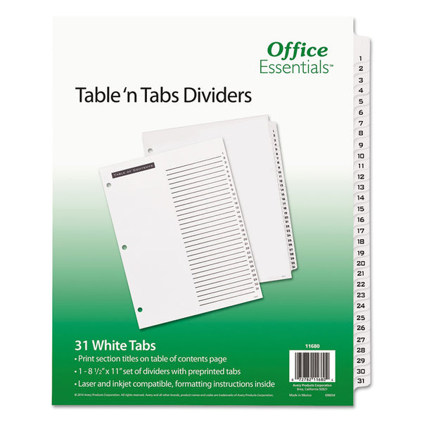 Office Essentials™ Table 'n Tabs Dividers, 31-Tab, 1 to 31, 11 x 8.5, White, White Tabs, 1 Set (AVE11680)