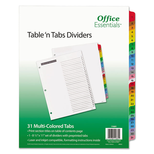 Office Essentials™ Table 'n Tabs Dividers, 31-Tab, 1 to 31, 11 x 8.5, White, Assorted Tabs, 1 Set (AVE11681)
