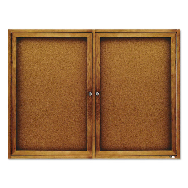 Quartet® Enclosed Indoor Cork Bulletin Board with Two Hinged Doors, 48 x 36, Tan Surface, Oak Fiberboard Frame (QRT364)