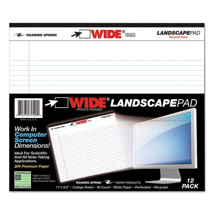 Roaring Spring® WIDE Landscape Format Writing Pad, Unpunched with Standard Back, Medium/College Rule, 40 White 11 x 9.5 Sheets (ROA74500)