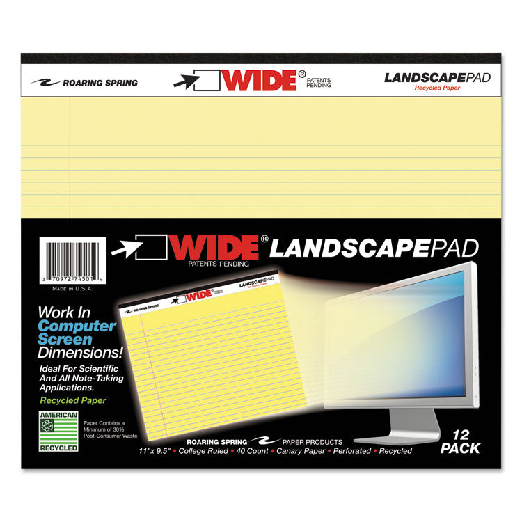 Roaring Spring® WIDE Landscape Format Writing Pad, Unpunched with Standard Back, Medium/College Rule, 40 Canary-Yellow 11 x 9.5 Sheets (ROA74501)