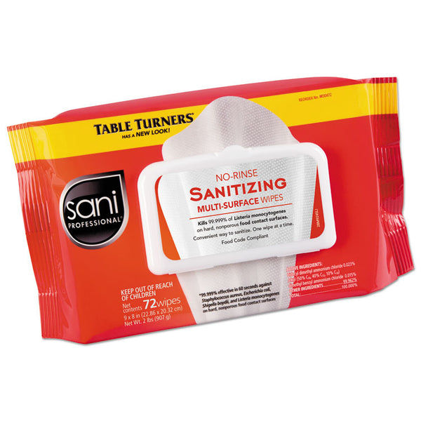 Sani Professional® No-Rinse Sanitizing  Multi-Surface Wipes, 1-Ply, 8 x 9, Unscented, White, 72 Wipes/Pack, 12 Packs/Carton (NICM30472)