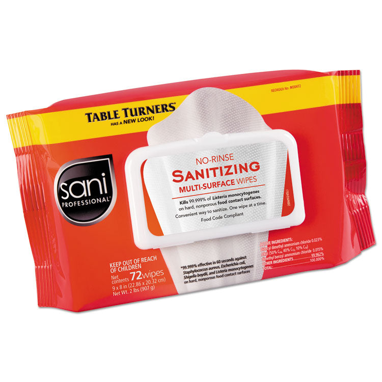 Sani Professional® No-Rinse Sanitizing  Multi-Surface Wipes, 1-Ply, 8 x 9, Unscented, White, 72 Wipes/Pack, 12 Packs/Carton (NICM30472) Case of 12