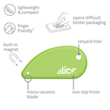 slice® Safety Cutters, Fixed, Non Replaceable Micro Safety Blade, 0.1" Ceramic Blade, 2.4" Plastic Handle, Green (SLI00200) Each