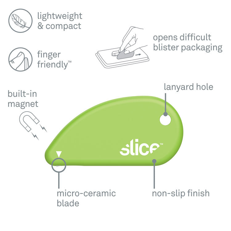 slice® Safety Cutters, Fixed, Non Replaceable Micro Safety Blade, 0.1" Ceramic Blade, 2.4" Plastic Handle, Green (SLI00200) Each