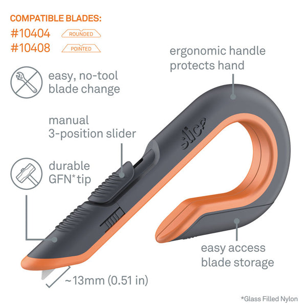 slice® Box Cutters, Double Sided, Replaceable, 1.29" Carbon Steel Blade, 7" Nylon Handle, Gray/Orange (SLI10400) Each