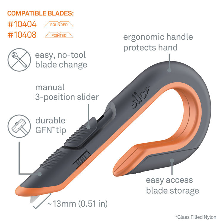 slice® Box Cutters, Double Sided, Replaceable, 1.29" Carbon Steel Blade, 7" Nylon Handle, Gray/Orange (SLI10400) Each