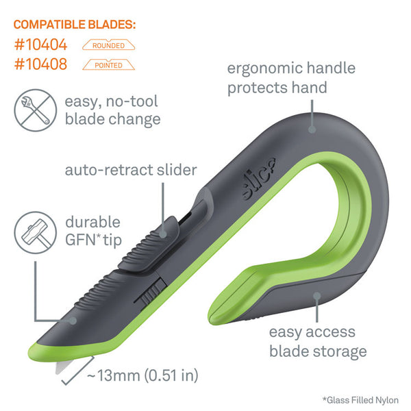 slice® Box Cutters, Double Sided, Replaceable, 1.29" Stainless Steel Blade, 7" Nylon Handle, Gray/Green (SLI10503) Each