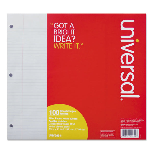 Universal® Filler Paper, 3-Hole, 8.5 x 11, Medium/College Rule, 100/Pack (UNV20911)