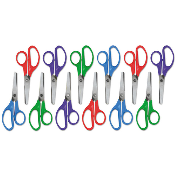 Universal® Kids' Scissors, Rounded Tip, 5" Long, 1.75" Cut Length, Assorted Straight Handles, 12/Pack (UNV92023)