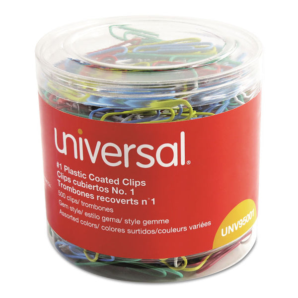 Universal® Plastic-Coated Paper Clips with One-Compartment Storage Tub, #1, Assorted Colors, 500/Pack (UNV95001)