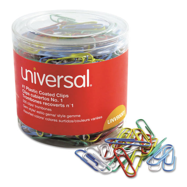 Universal® Plastic-Coated Paper Clips with One-Compartment Storage Tub, #1, Assorted Colors, 500/Pack (UNV95001)