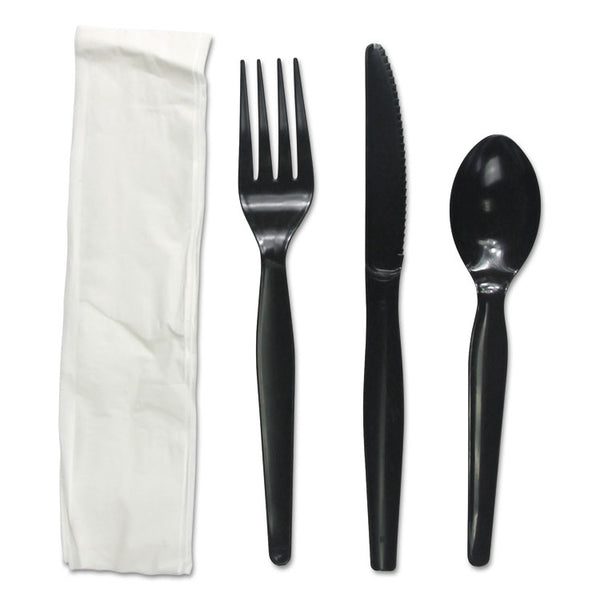 Boardwalk® Four-Piece Cutlery Kit, Fork/Knife/Napkin/Teaspoon, Black, 250/Carton (BWKFKTNMWPSBLA) Case of 250