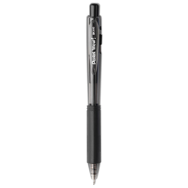 Pentel® WOW! Ballpoint Pen, Retractable, Medium 1 mm, Black Ink, Smoke/Black Barrel, Dozen (PENBK440A) Box of 12