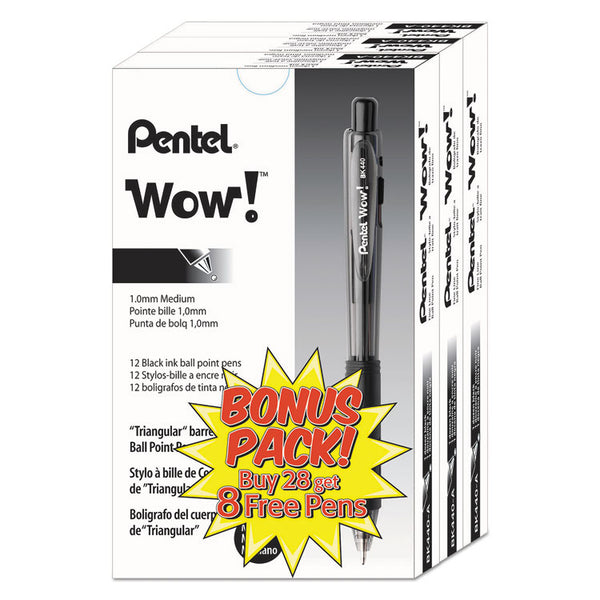 Pentel® WOW! Ballpoint Pen Value Pack, Retractable, Medium 1 mm, Black Ink, Smoke/Black Barrel, 36/Pack (PENBK440ASWUS) Pack of 36