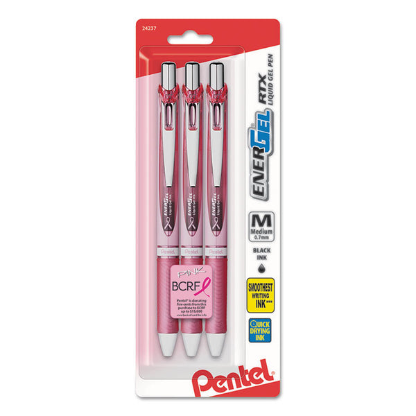 Pentel® EnerGel RTX Gel Pen, Retractable, Medium 0.7 mm, Black Ink, Pink/Silver Barrel, 3/Pack (PENBL77PBP3ABC)