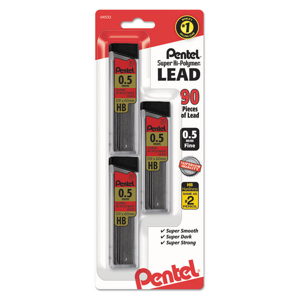 Pentel® Super Hi-Polymer Lead Refills, 0.5 mm, HB, Black, 30/Tube, 3 Tubes/Pack (PENC25BPHB3K6) Pack of 3