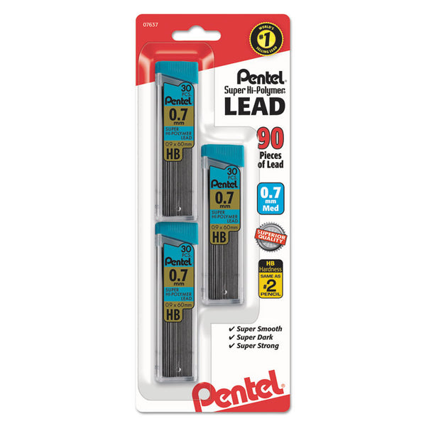 Pentel® Super Hi-Polymer Lead Refills, 0.7 mm, HB, Black, 30/Tube, 3 Tubes/Pack (PENC27BPHB3K6) Pack of 3