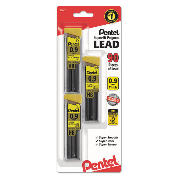 Pentel® Super Hi-Polymer Lead Refills, 0.9 mm, HB, Black, 30/Tube, 3 Tubes/Pack (PENC29BPHB3) Pack of 90