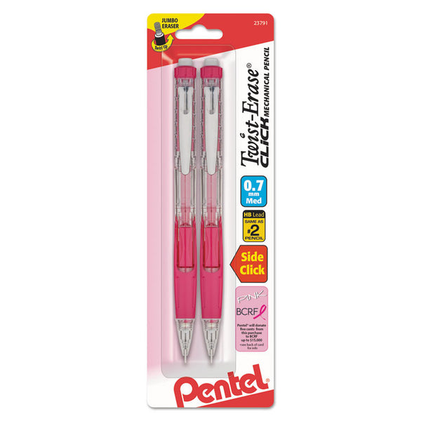 Pentel® Twist-Erase CLICK Mechanical Pencil, 0.7 mm, HB (#2), Black Lead, Pink Barrel, 2/Pack (PENPD277TBP2PBC) Pack of 2