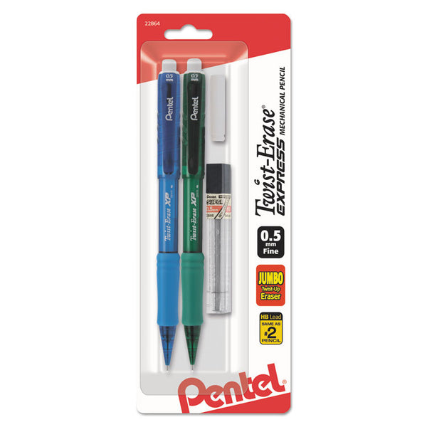 Pentel® Twist-Erase EXPRESS Mechanical Pencils with Tube of Leads/Eraser, 0.5 mm, HB (#2), Black Lead, (2) Assorted Barrel Colors (PENQE415LEBP2) Pack of 2