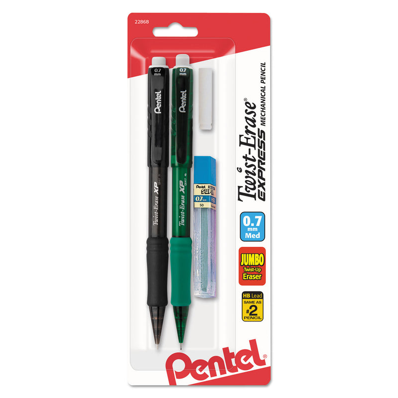 Pentel Mechanical Pencil, Refillable Lead/Eraser, .7mm, Asst (PENQE417LEBP2) Pack of 2