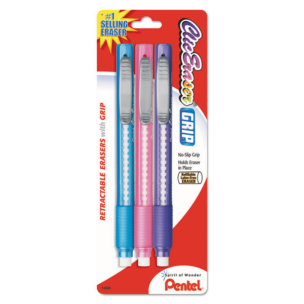 Pentel® Clic Eraser Grip Eraser, For Pencil Marks, White Eraser, Randomly Assorted Barrel Colors (Three-Colors), 3/Pack (PENZE21TBP3M)